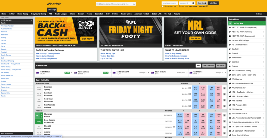 A screenshot of the Betfair home page, showing the betting exchange with Back and Lay columns.